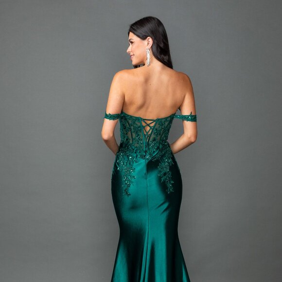 New Off Shoulder Maxi Prom Gown w/ Floral Lace Over Sheer Boned Bodice DQ 4540 - Picture 6 of 8